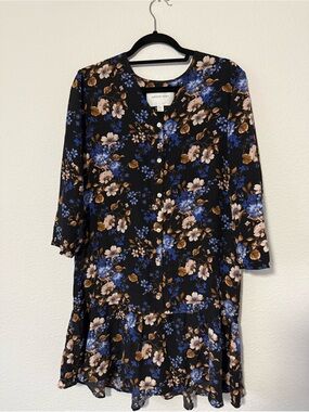 Amour Vert Black Floral Button-Front Drop-Waist Dress Floral 100% Silk.    V3